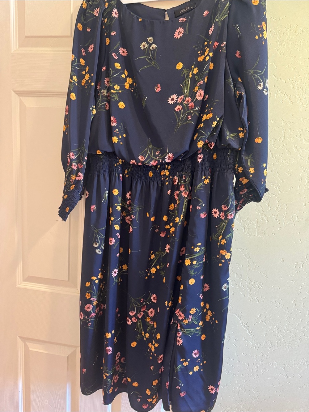 eShakti Navy Dress with Pink & Yellow Floral Detail